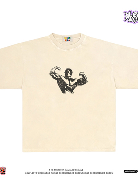 怀旧硬核秀臂力~美式小众短袖T恤男女同款纯棉宽松百搭夏季上衣潮