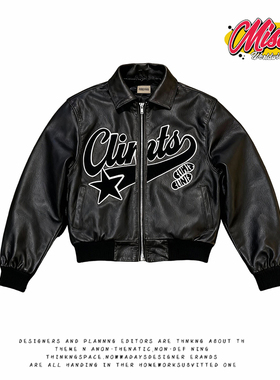 y2k hoodie美式街头风黑色皮衣外套男女通用字母印花拉链夹克酷感