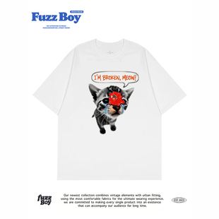 丧系风心碎猫咪 Fuzz Boy美式小众重磅260克纯棉宽松女短袖t恤夏