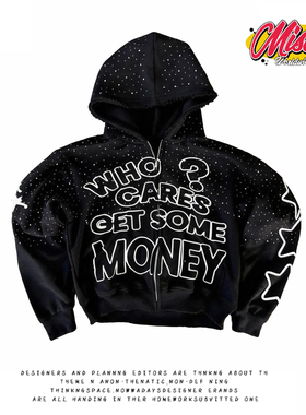 y2k hoodie高街风字母印花连帽卫衣男女同款黑色拉链衫设计感街头