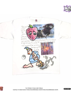 美式小众复古y2k白色短袖怪诞草莓人脸扫帚人印花文字潮牌短袖女