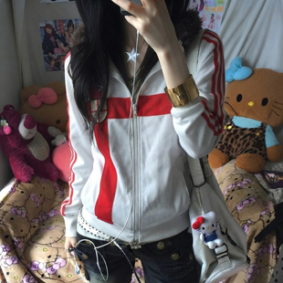 千禧y2k辣妹风红白十字条纹运动外套复古立领卫衣亚文化拉链夹克