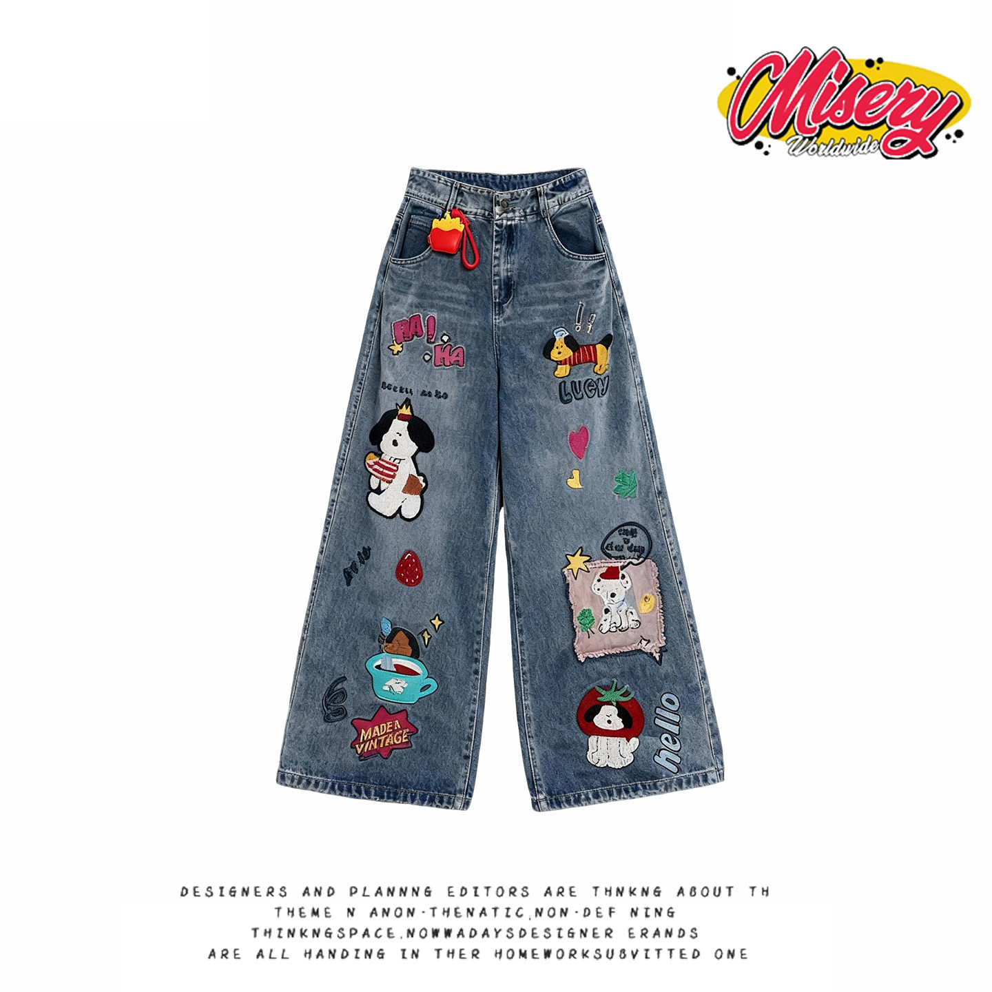 y2k hoodie~美式卡通风贴布刺绣牛仔裤女高腰宽松阔腿长裤国潮