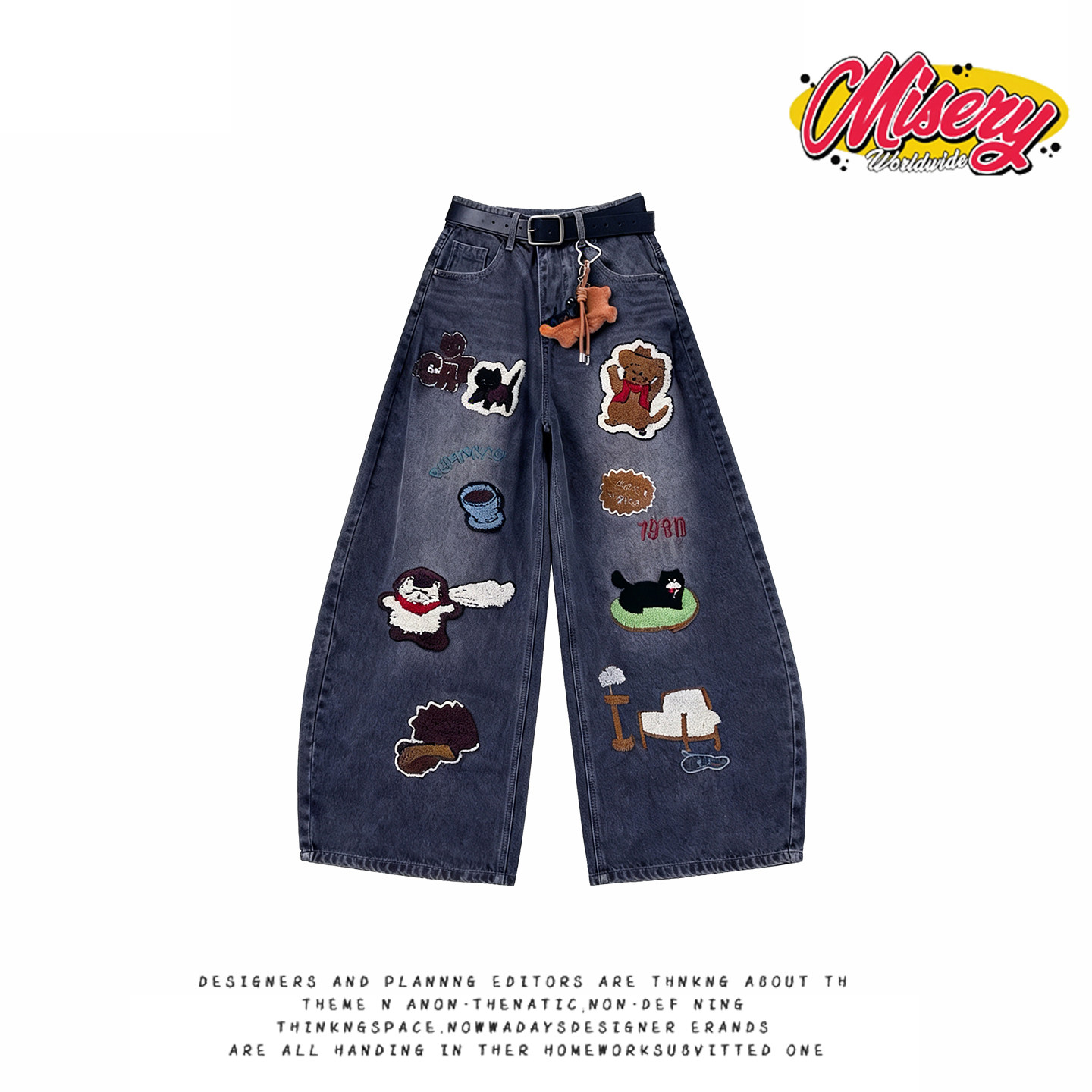 y2k hoodie卡通风贴布刺绣牛仔裤女高腰阔腿裤设计感减龄百搭长裤