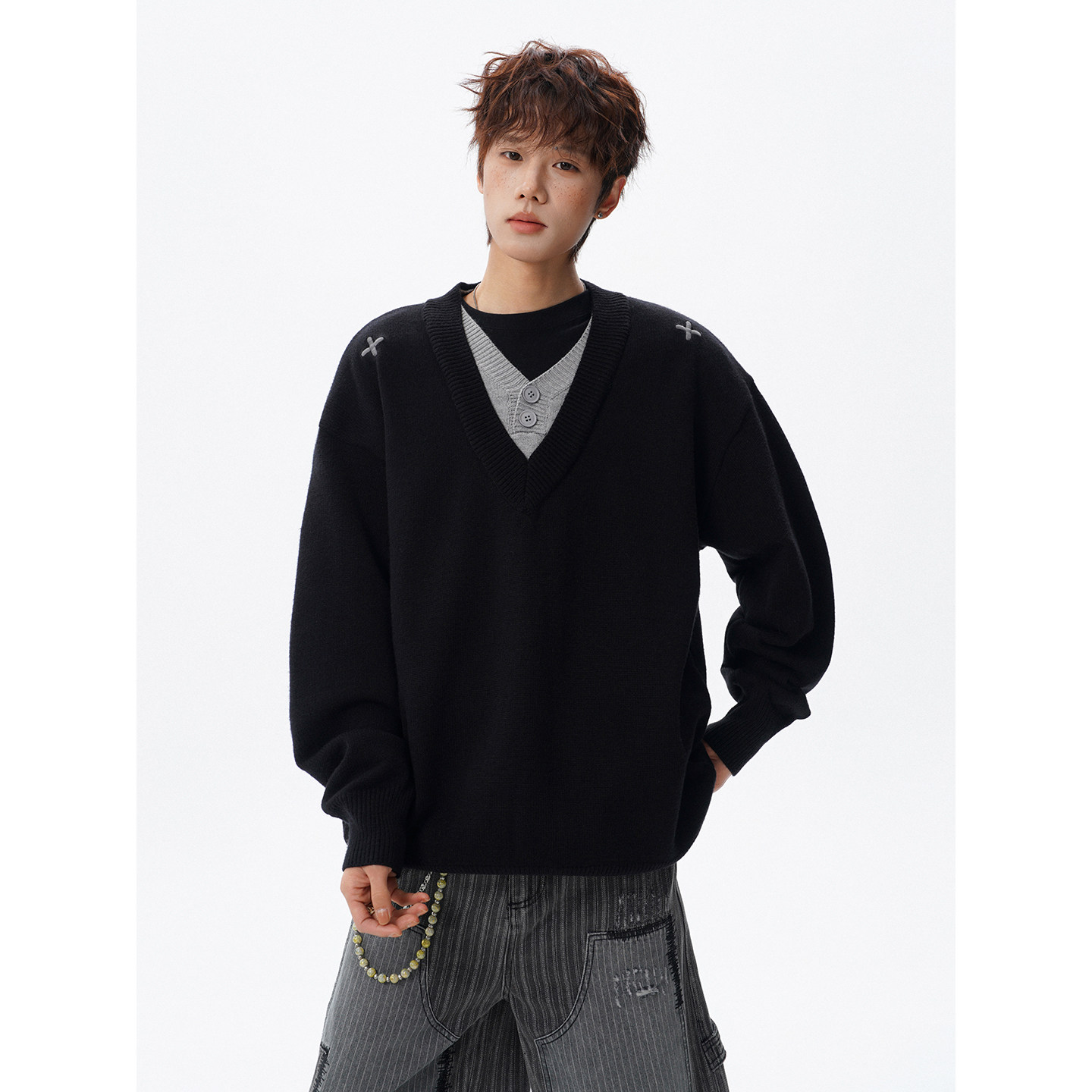 毛衣针织假两件刺绣毛衣衫618-MM912-P60控108，男装针织衫/毛衣，星座618