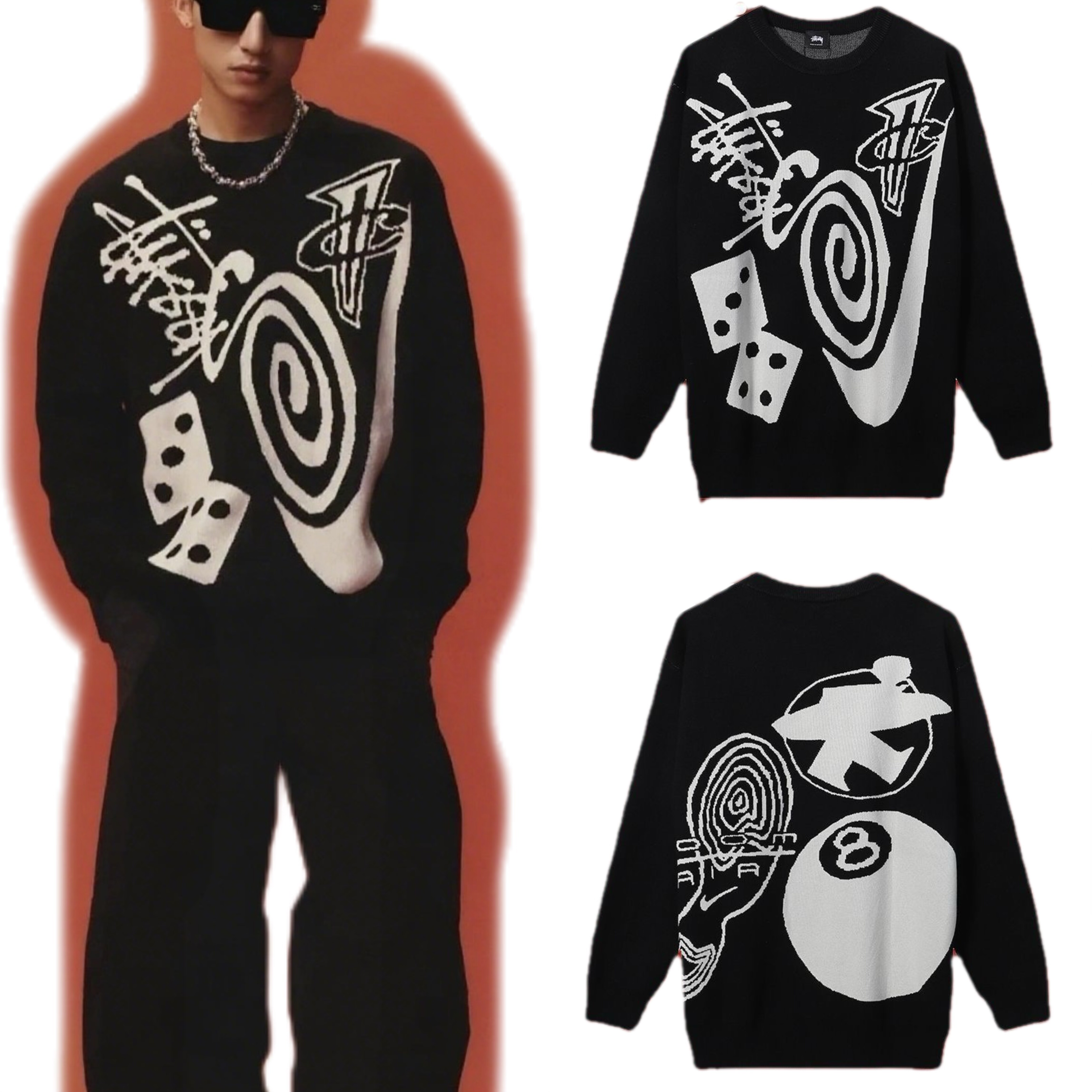 美式高街涂鸦印花圆领毛衣男秋冬慵懒风情侣宽松套头保暖针织衫女