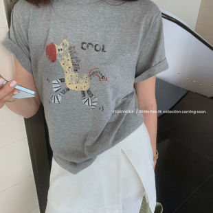 TTOO T恤上衣女2456 2026春夏卡通小马印花宽松休闲百搭圆领短袖