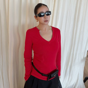 女修身 打底衫 显瘦上衣7035 韩系红色半开领长袖 widelia十三行春季