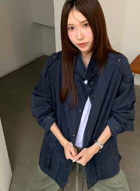 WAIT MORE 秋季韩系复古蓝色工装风衣外套女中长款宽松夹克9027
