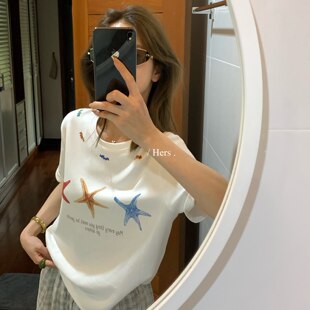 hers 一勺甜夏季新款卡通海图案T恤女休闲风圆领短袖上衣80449