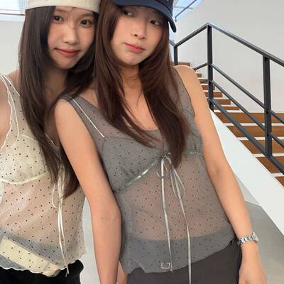WAITMORE 2026春季复古甜美波点背心女V领系带俏皮吊带上衣5007