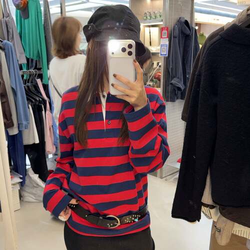 WAIT MORE 秋季韩系条纹POLO衫T恤女百搭宽松休闲长袖上衣9071