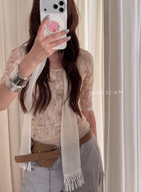 AK skylan 2026夏季复古碎花蕾丝衫纯欲风中袖上衣带内衬85862