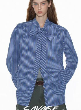SAVAGE-法式气质立领系带设计感宽松格纹衬衫女(绑带不可拆)