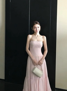 SAVAGE26春季新款百搭小女人层叠拼接打揽收腰显瘦吊带长款连衣裙