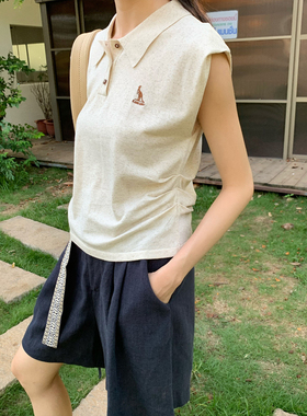 NEIHE内赫2025夏季新款女装亚麻刺绣polo衫气质上衣POLO衫252698