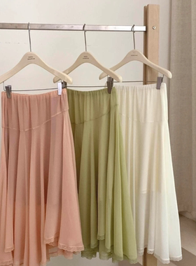 wens 春夏新款半身裙女松百搭长裙蕾丝花边不规则大摆半身裙女