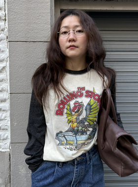 San Francisco春款美式vintage插肩做旧乐队印花休闲长袖T恤女