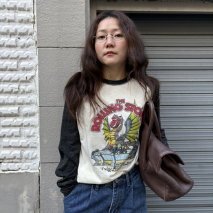 San Francisco春款美式vintage插肩做旧乐队印花休闲长袖T恤女