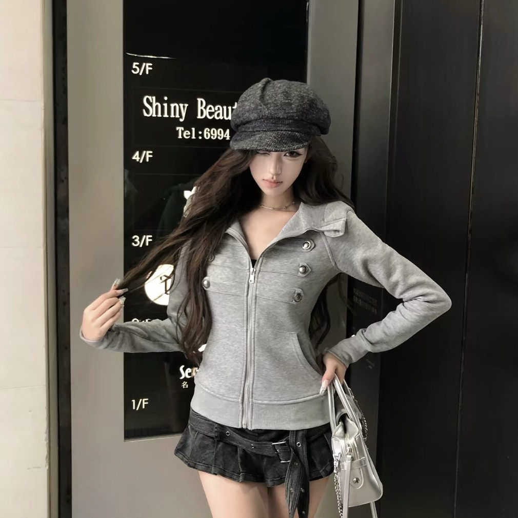 TIAN KE甜柯-冬上新美式复古辣妹拿破仑盘扣连帽设计感外套