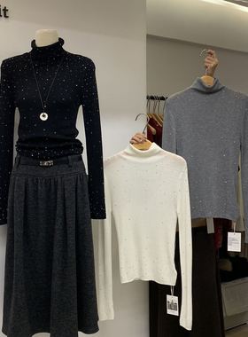 Yvon edit-26年早春新款女装满天星钻面高领羊毛打底针织衫