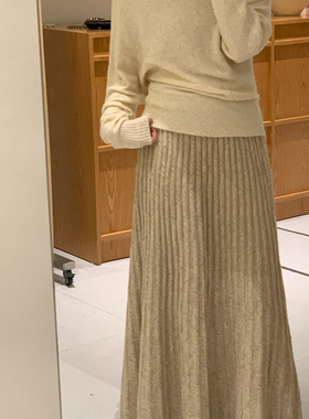 ens sunshine-26早春新款女大摆压褶百搭松紧腰半身裙（含6羊毛）