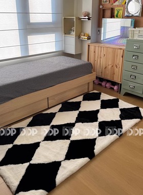 DDP手工无胶人造皮草包豪斯黑白格纹地毯家用卧室客厅衣帽间地暖