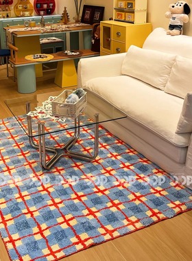 DDP原创中古包豪斯复古韩式蓝色橙红格纹家用客厅衣帽间簇绒地毯