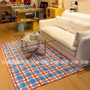 DDP原创中古包豪斯复古韩式 蓝色橙红格纹家用客厅衣帽间簇绒地毯