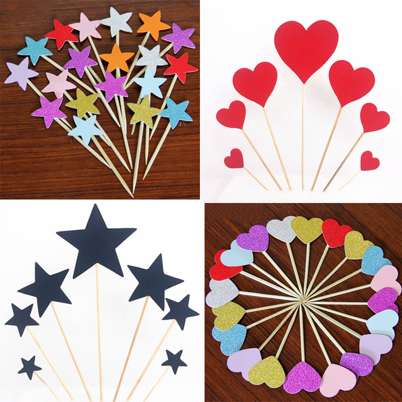 10个装纸杯插旗红色小爱心牙签插卡蛋糕装饰插牌金色闪粉大五角星