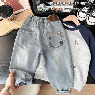 子宝宝柔软单裤 中大男孩子洋气百搭长裤 春秋装 儿童宽松浅色牛仔裤