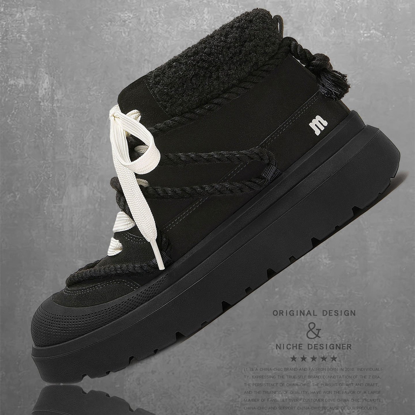 MQMS冬季厚底增高加绒户外棉鞋短筒工装雪地靴男女黑武士马丁靴子