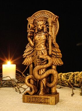 进口埃及赛赫美特女神Sekhmet橡木木雕 摆件古埃及力量女神化身