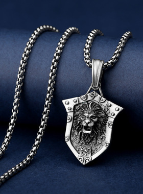 狮子盾牌吊坠男士嘻哈动物项链钛钢链条朋克项链ins欧美热卖配饰
