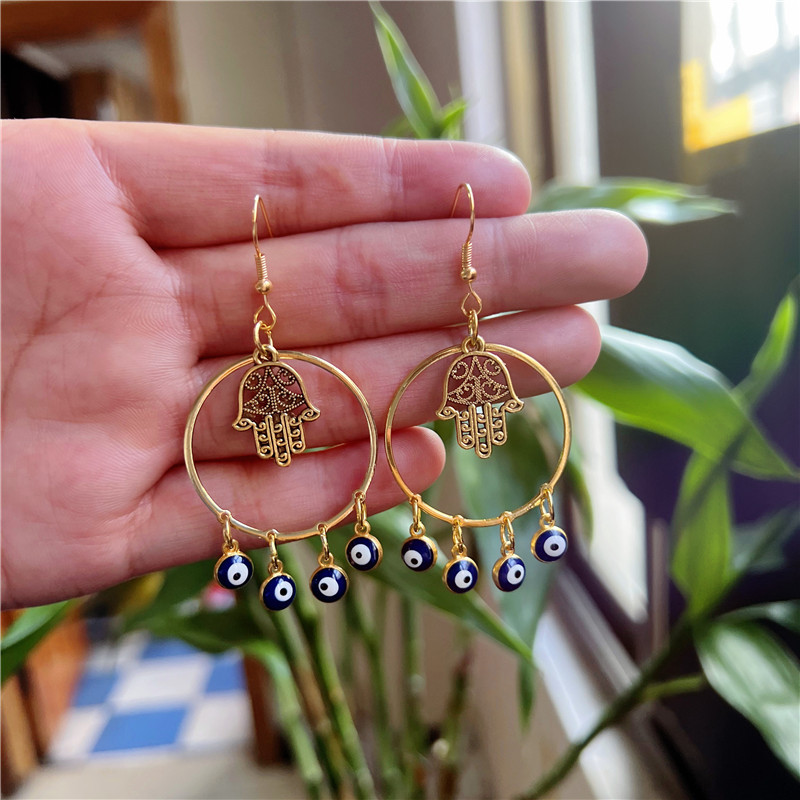 热卖新款水晶土耳其魔眼手 Hamsa 耳环女式个性金色金属耳环首饰