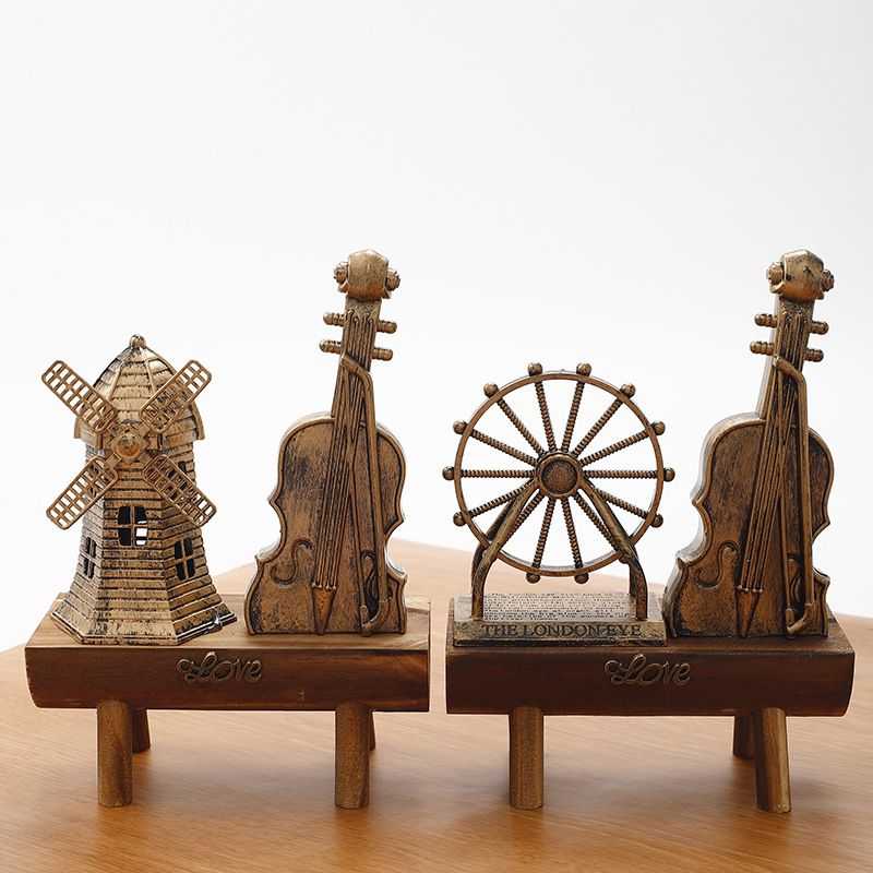 复古风车灯塔小提琴摆件 创意学生礼物装饰摆件 家居木制工艺品