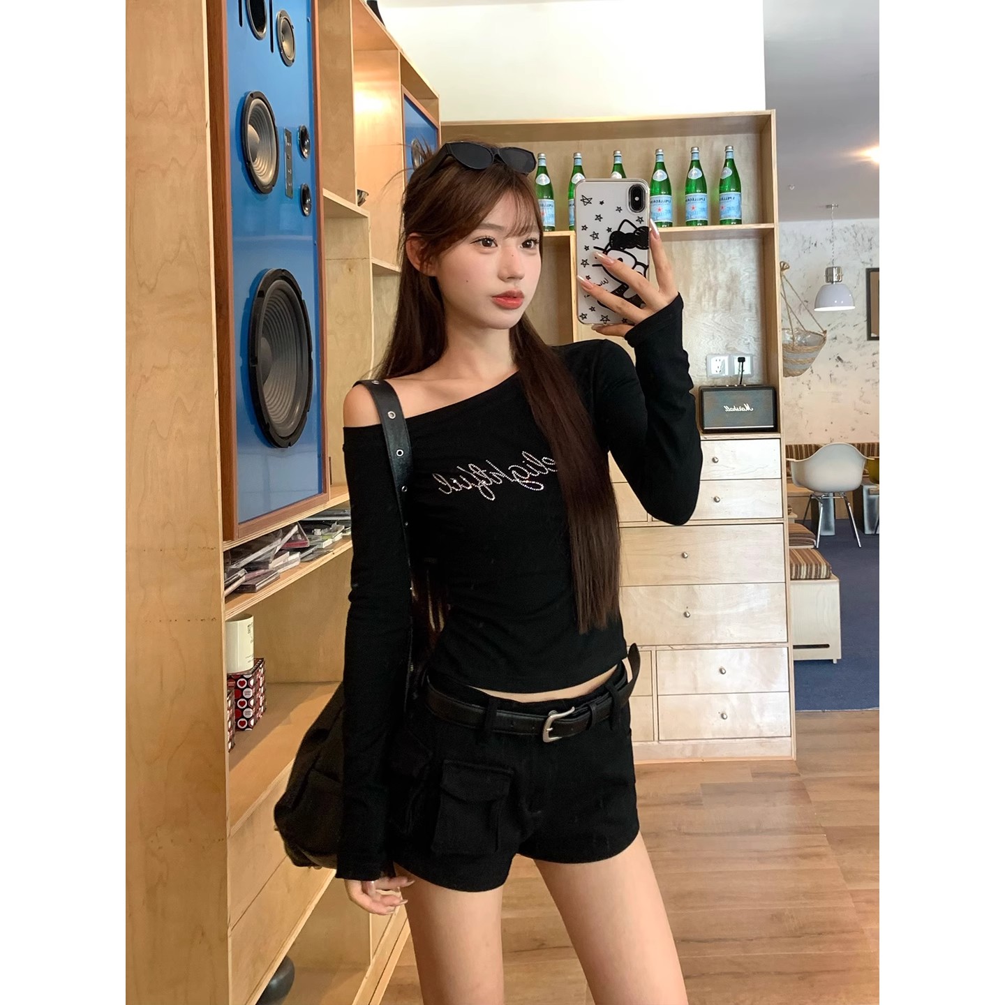 美式甜辣黑色长袖T恤女