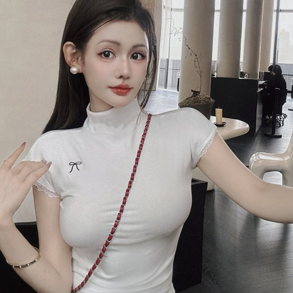 春夏秋白色蕾丝花边正肩短袖t恤女夏季新款修身短款显瘦辣妹上衣