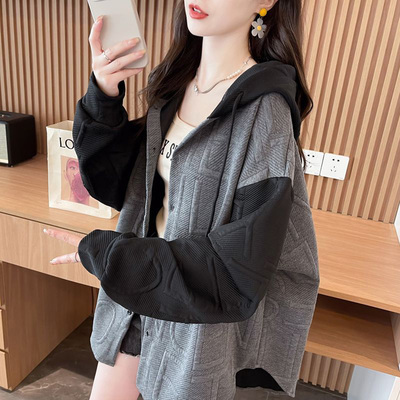 提花拼色连帽外套女春秋季时尚