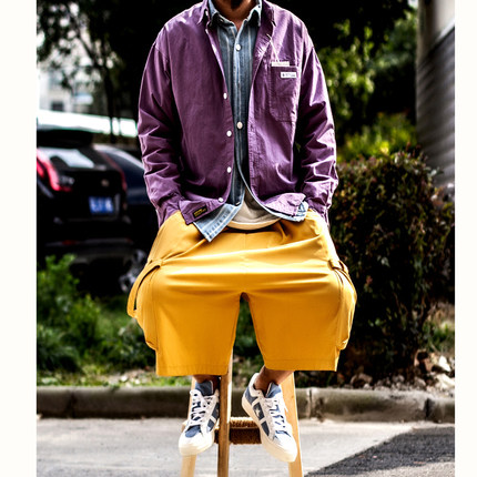 阿美咔叽复古日系秋季纯棉舒适男士宽松休闲百搭纯色长袖衬衫衬衣