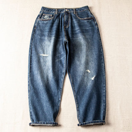 日系复古潮流宽松做旧水洗破洞牛仔裤男式阔腿萝卜牛仔长裤休闲裤