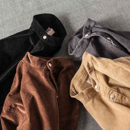 ANG2 气质百搭 秋款男装日系复古男式做旧纯色灯芯绒休闲衬衫衬衣