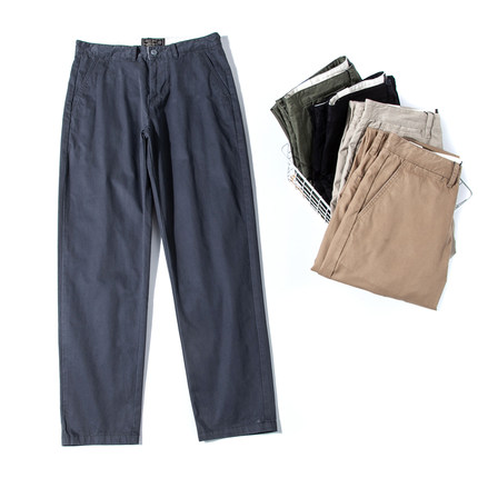 裤子男夏款美式复古工装卡其色水洗纯棉做旧户外小直筒休闲长裤男
