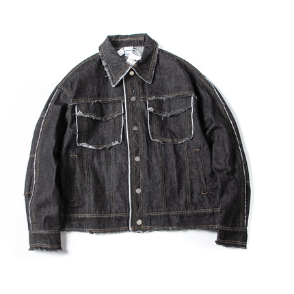 青少年酷帅外套男日系做旧毛边宽松廓形牛仔夹克痞帅多袋工装上衣