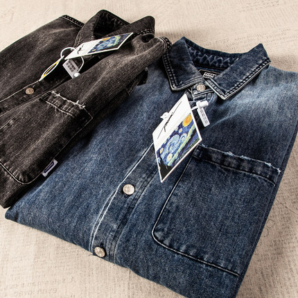 CityBoy美式重磅复古港风街头破洞宽松廓形工装牛仔衬衫休闲外套