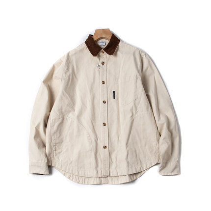 男生穿搭上衣日系复古撞色灯芯绒领长袖衬衫秋季宽松拼色工装衬衣