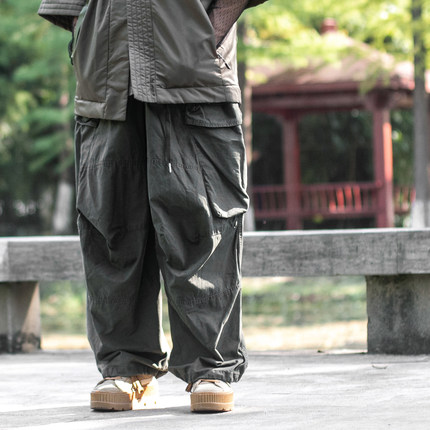 阔腿伞兵裤男日系户外宽松直筒裤多袋廓形工装长裤休闲褶皱束脚裤