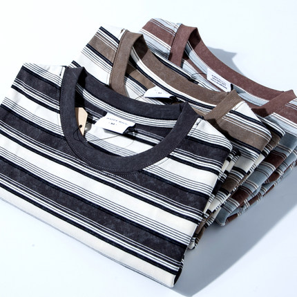 夏季条纹短袖T恤男 舒适宽松百搭运动服港风纯棉潮圆领休闲半袖男