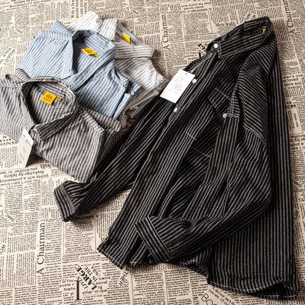 阿美咔叽空味日系长袖条纹衬衫男宽松水洗休闲纯棉city boy衬衣