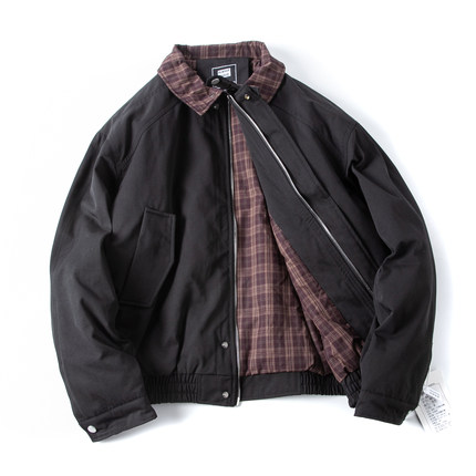 工装风棉袄格纹拼接翻领棉衣冬季复古加厚新款宽松棉服飞行员外套